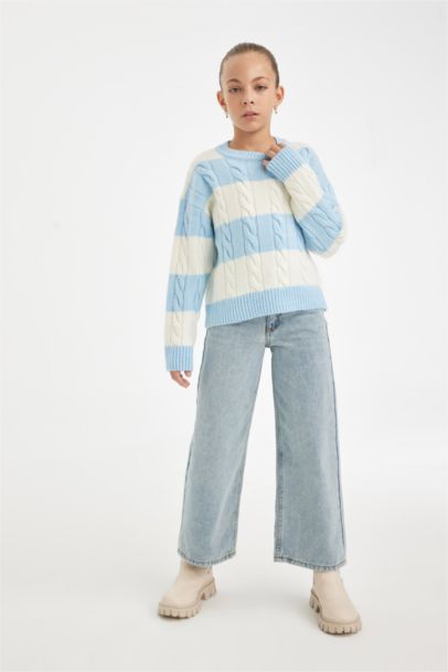 Girl Regular Fit Crew Neck Striped Knitted Pullover