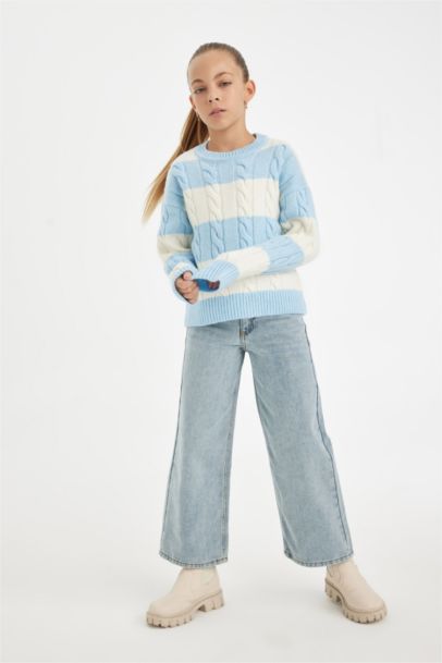 Girl Regular Fit Crew Neck Striped Knitted Pullover