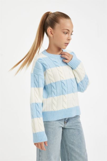 Girl Regular Fit Crew Neck Striped Knitted Pullover