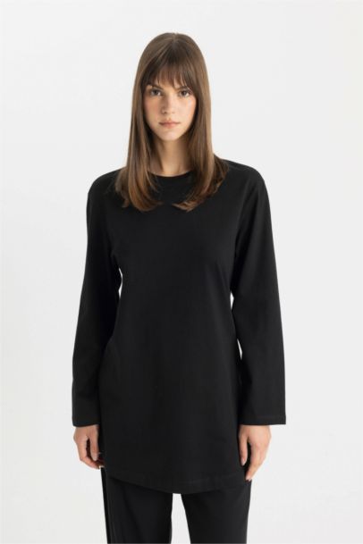 تونيك كم طويل قصة عادية برقبة مستديرة