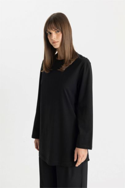 تونيك كم طويل قصة عادية برقبة مستديرة