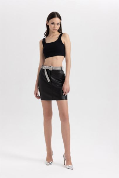A Cut Faux Leather Mini Skirt