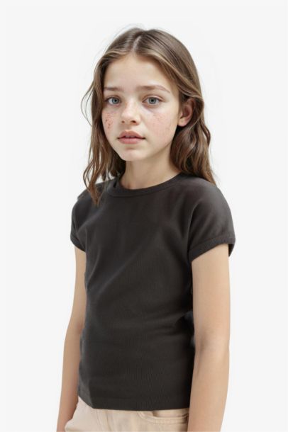 Girl Slim Fit Crew Neck Basic Corduroy T-shirt