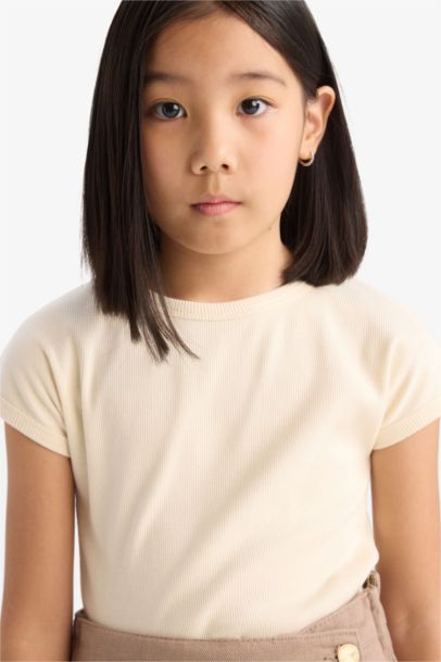 Girl Slim Fit Crew Neck Basic Corduroy T-Shirt