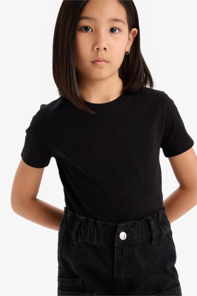 Slim Fit Dar Kesim Bisiklet Yaka Ribana Basic Düz Kısa Kollu Tişört Kız Çocuk