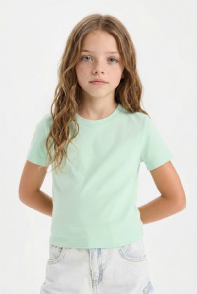 Slim Fit Dar Kesim Bisiklet Yaka Ribana Basic Düz Kısa Kollu Tişört Kız Çocuk