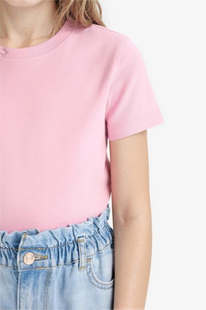 Slim Fit Dar Kesim Bisiklet Yaka Ribana Basic Düz Kısa Kollu Tişört Kız Çocuk