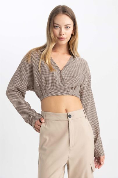 Crop Wrap Collar Long Sleeve Blouse