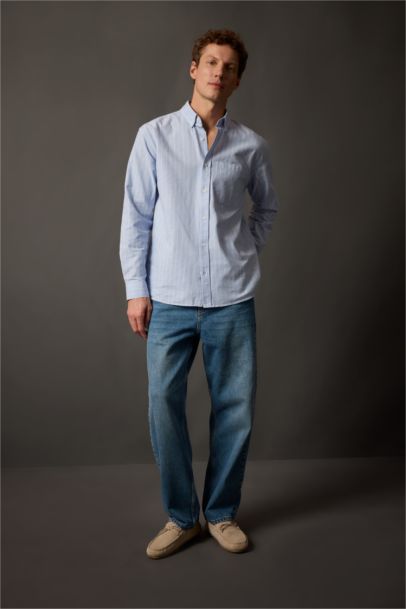 Relax Fit Polo Collar Striped Oxford Shirt