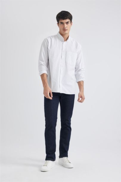 Relax Fit Polo Collar Striped Oxford Long Sleeve Shirt