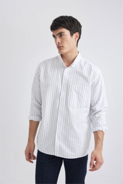 Relax Fit Polo Collar Striped Oxford Long Sleeve Shirt