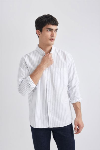 Relax Fit Polo Collar Striped Oxford Long Sleeve Shirt