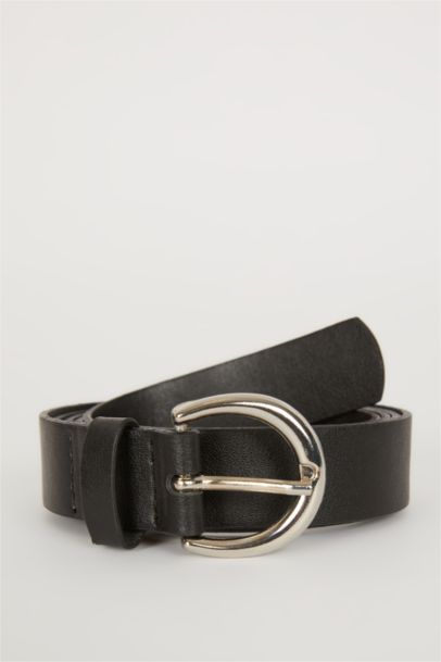 Woman Oval Buckle Faux Leather Denim Belt