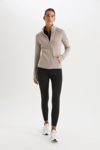 Fitted Dik Yaka Çift Cepli Fermuarlı Sporcu Hırka