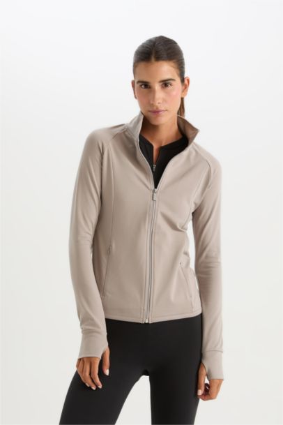 Fitted Dik Yaka Çift Cepli Fermuarlı Sporcu Hırka