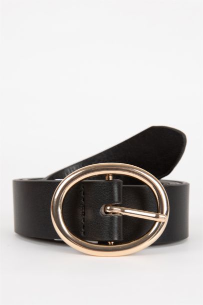 Woman Oval Buckle Faux Leather Denim Belt