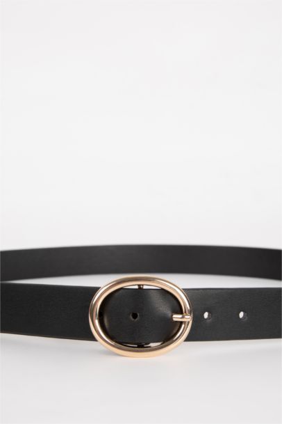 Woman Oval Buckle Faux Leather Denim Belt