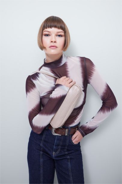 Slim Fit Crew Neck Tulle Long Sleeve T-Shirt