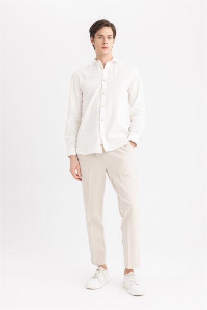 %100 Pamuk Regular Fit Polo Yaka Uzun Kollu Pamuklu Keten Görünümlü Beyaz Gömlek