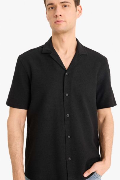 Relax Fit Summer Cotton Short Sleeve Black Shirt