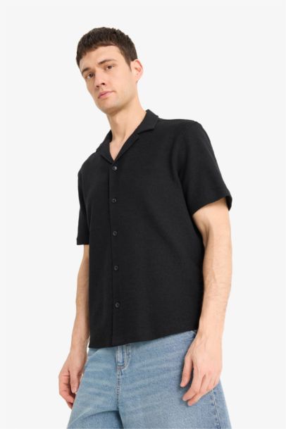 Relax Fit Summer Cotton Short Sleeve Black Shirt