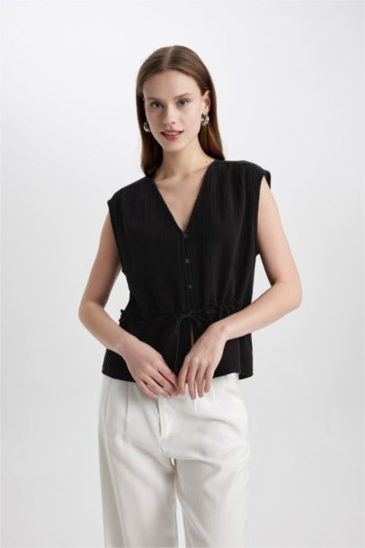Blouse Slim sans Manches à Col en V