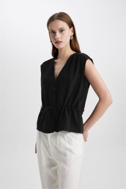Blouse Slim sans Manches à Col en V