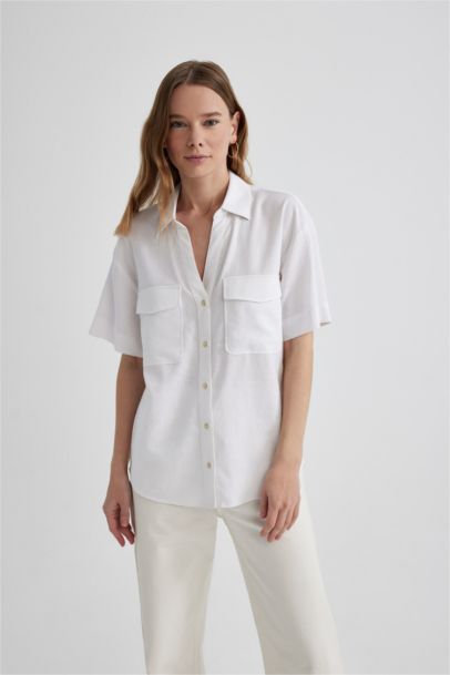 Regular Fit Shirt Collar Linen Blend Short Sleeve Shirt