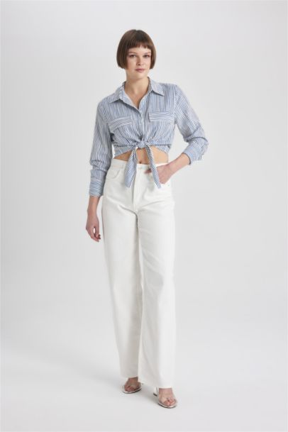 Shirt Collar Linen Blend Long Sleeve Crop Shirt