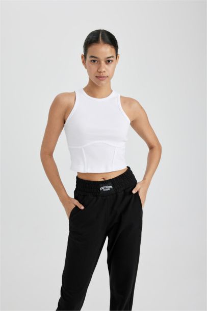 DeFactoFit Slim Fit White Ribbed Sports Crop Top