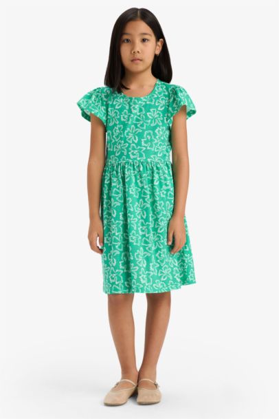 Bisiklet Yaka Desenli Kısa Kollu Yazlık Elbise Kız Çocuk