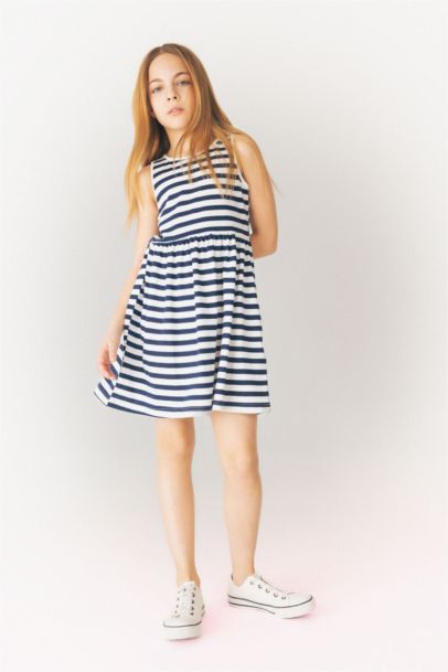 Bisiklet Yaka Çizgili Kolsuz Yazlık Elbise Kız Çocuk