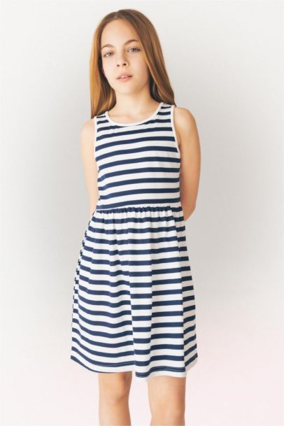 Bisiklet Yaka Çizgili Kolsuz Yazlık Elbise Kız Çocuk