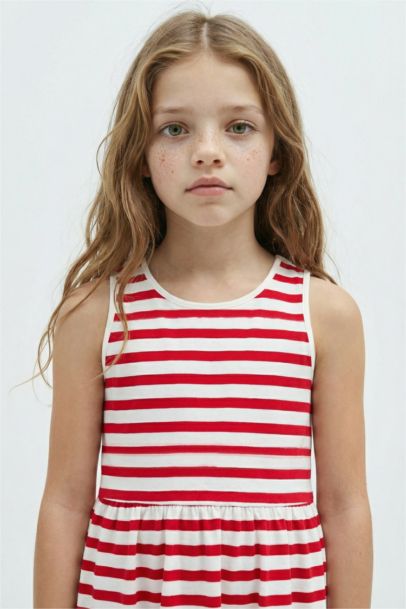 Bisiklet Yaka Çizgili Kolsuz Yazlık Elbise Kız Çocuk