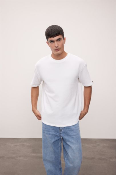 Boxy Fit Bisiklet Yaka Kısa Kollu Basic Düz Waffle Tişört