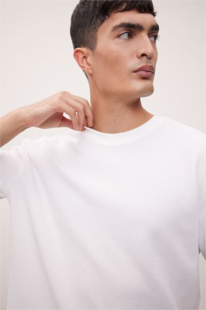 Boxy Fit Bisiklet Yaka Kısa Kollu Basic Düz Waffle Tişört