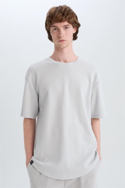 Boxy Fit Crew Neck Basic Waffle T-Shirt