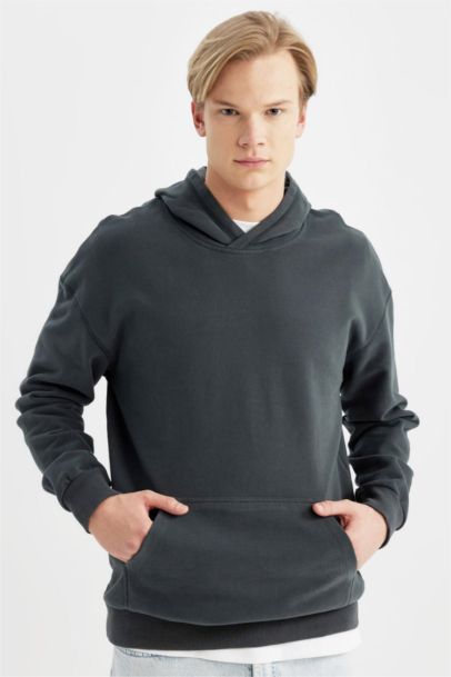 Comfort Regular Fit Rahat Kalıp Kapüşonlu Kanguru Cepli Basic Düz Sweatshirt