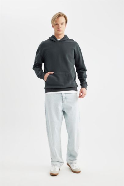Comfort Regular Fit Rahat Kalıp Kapüşonlu Kanguru Cepli Basic Düz Sweatshirt