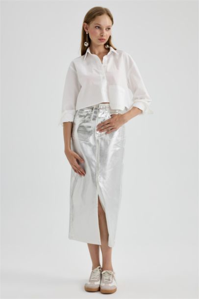 Fitted Midi Slit Metallic Skirt