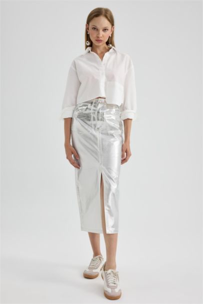 Fitted Midi Slit Metallic Skirt