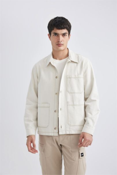 Regular Fit Polo Yaka Keten Karışımlı Düğmeli Cepli Yazlık Gömlek Ceket