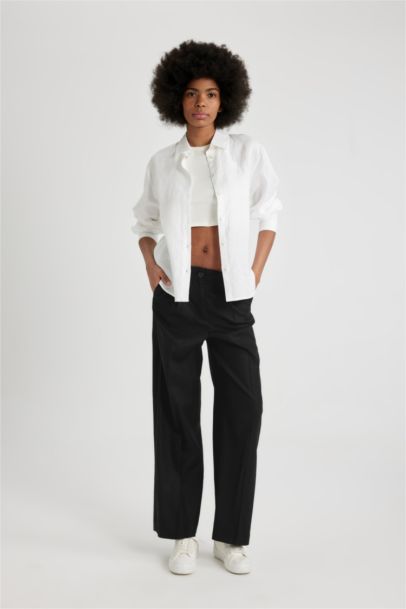 Wide Leg High Waist Standard Length Linen Blend Trousers