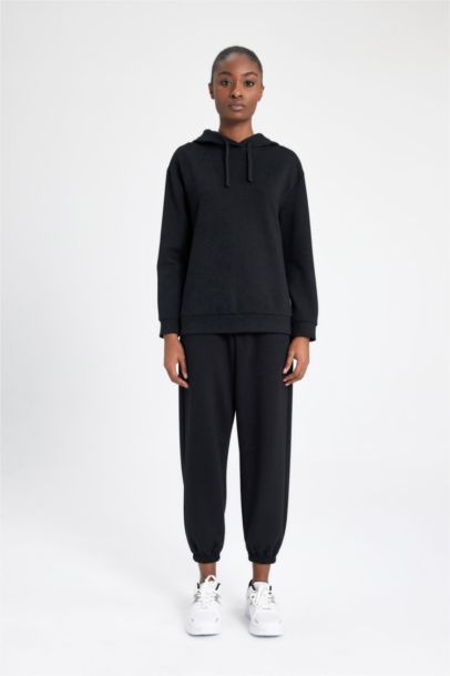 Standard Fit Hooded Belt Printed Scuba Fabric Basic Sweatshirt