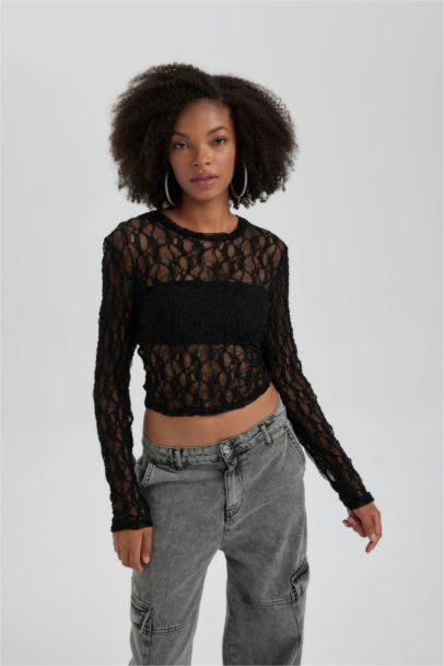 Slim Fit Crew Neck brode Long Sleeve T-Shirt