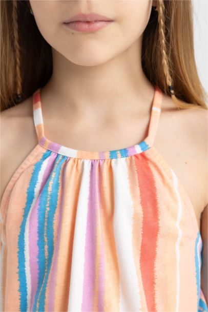 Girl Strappy Patterned Cotton Short Jumpsuit