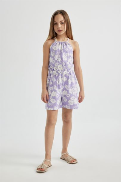 Girl Strappy Floral Cotton Short Jumpsuit