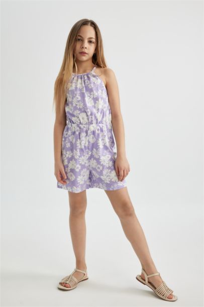 Girl Strappy Floral Cotton Short Jumpsuit