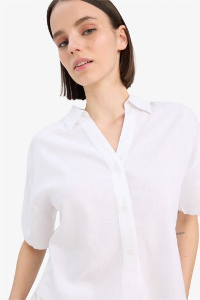Oversize Fit Shirt Collar Linen Blended Short Sleeve Shirt