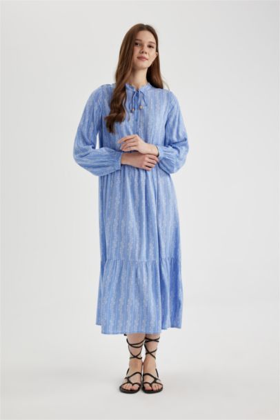 Robe Imprimé à Manches Longues Col Jugulaire